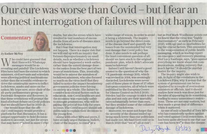 Esther McVey's article in the Daily Telegraph
