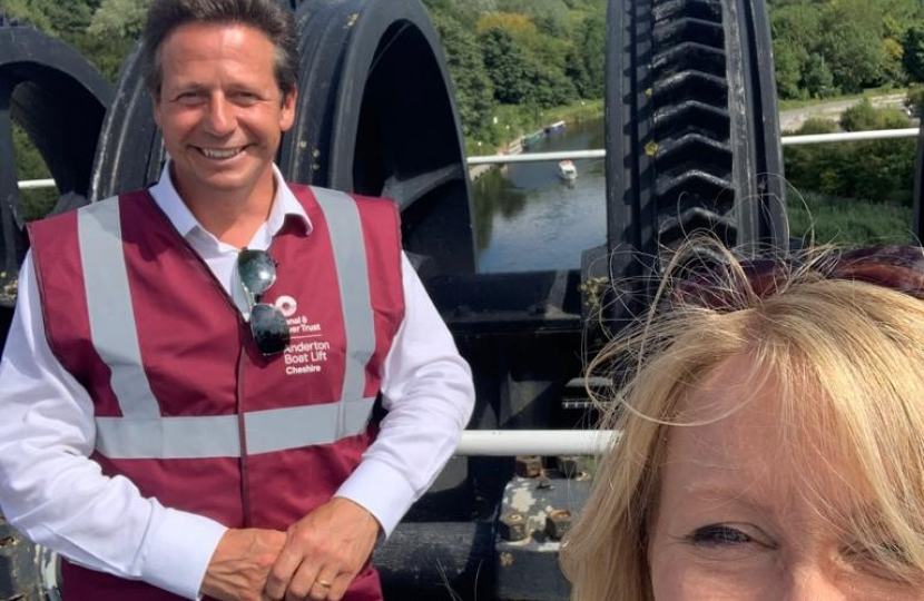 Esther McVey on a visit to the boat lift with Nigel Huddlestone, Minister for Culture in 2020