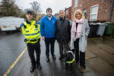 Esther with Brian Rigg, PCSO James Morris and Adam Marsh from the Guide Dog training centre